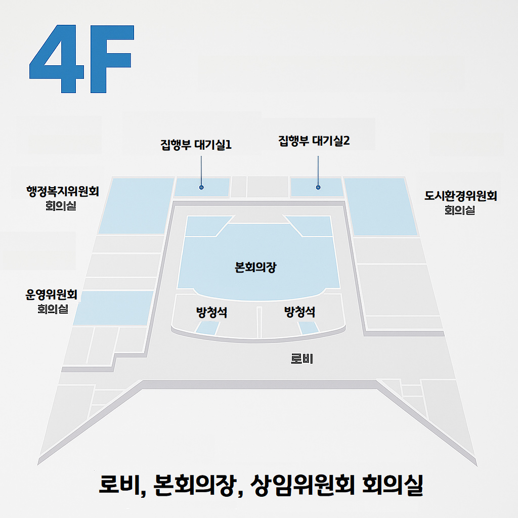 4F : 행정복지위원회 회의실, 집행부 대기실1, 집행부 대기실2, 도시환경위원회 회의실, 로비, 운영위원회 회의실, 본회의장, 방청석, 방청석